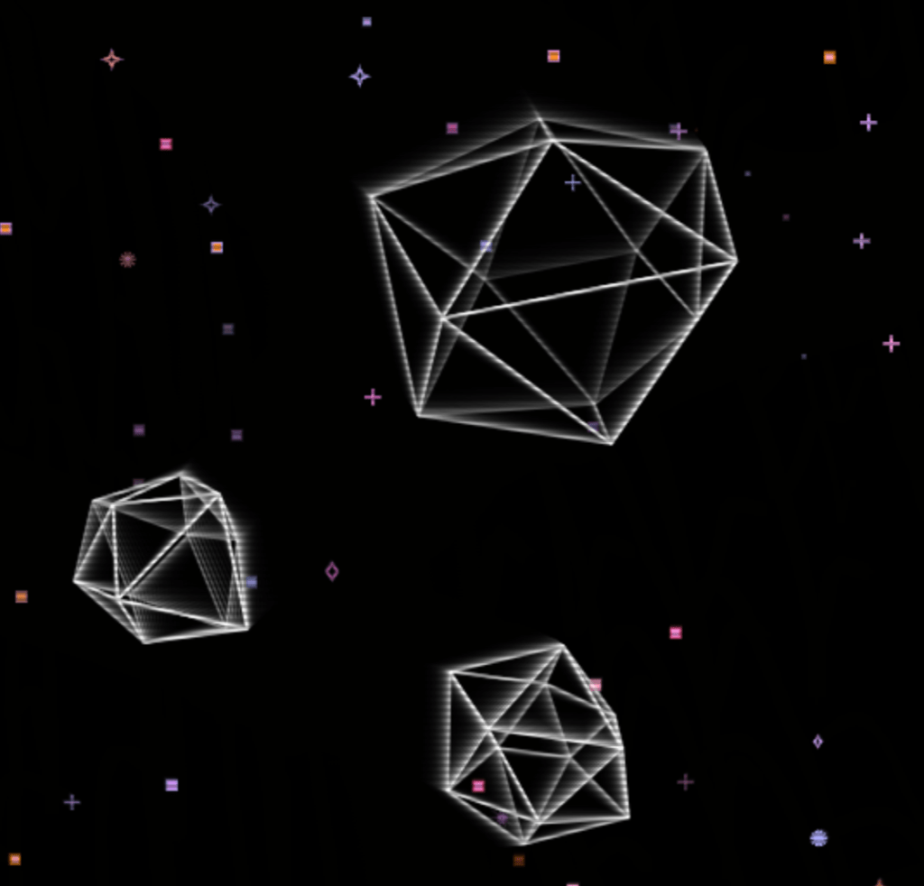 A dark background featuring glowing, wireframe geometric shapes resembling icosahedrons, with colorful, spark-like particles scattered throughout the scene.