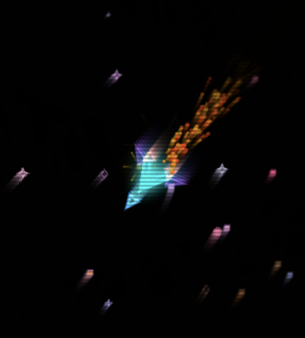 A blue, triangular spacecraft with glowing particle effects trails behind it, zooming through a dark background filled with colorful motion blur and particles representing asteroids.
